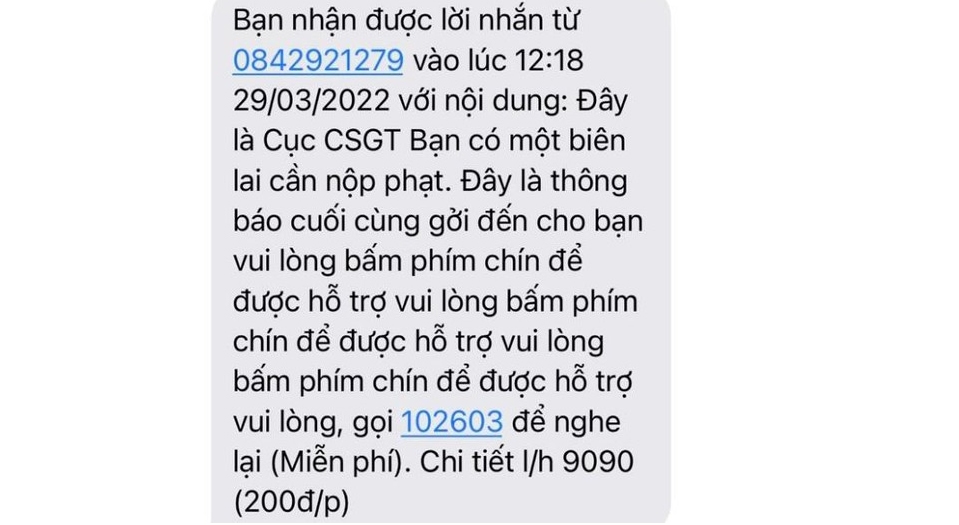 Một tin nhắn mạo danh Cục CSGT thông báo "phạt nguội" hòng lừa đảo người dân chuyển tiền