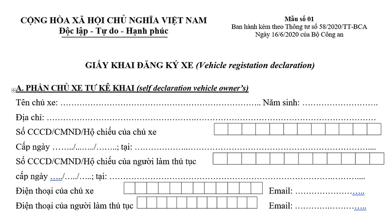 Giấy khai đăng ký xe