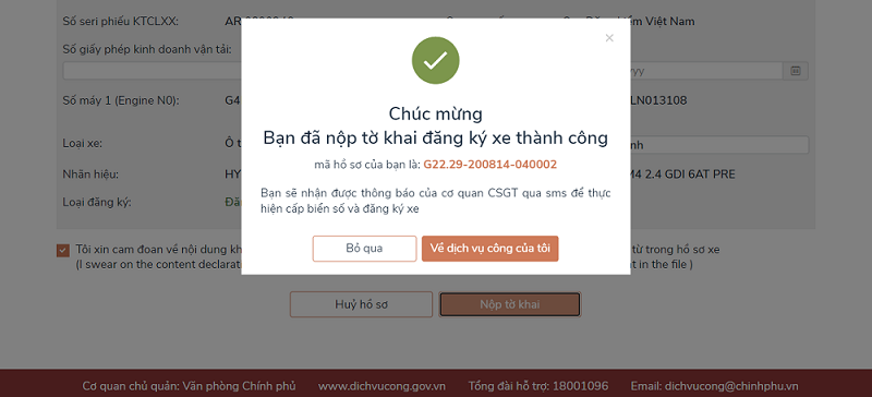 Màn hình thông báo nộp hồ sơ thành công
