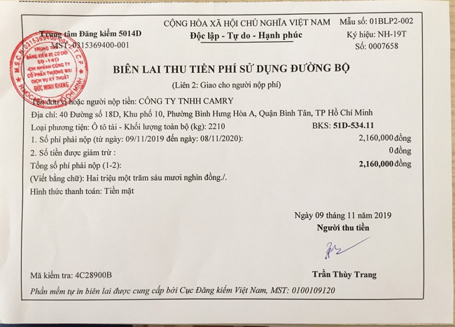 Biên lai thu tiền
